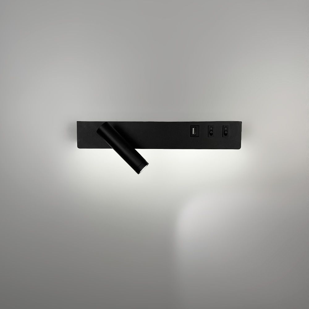 Чорне бра з поворотним спотом зліва + розʼєм USB WJ 028/2 R BK (правий)