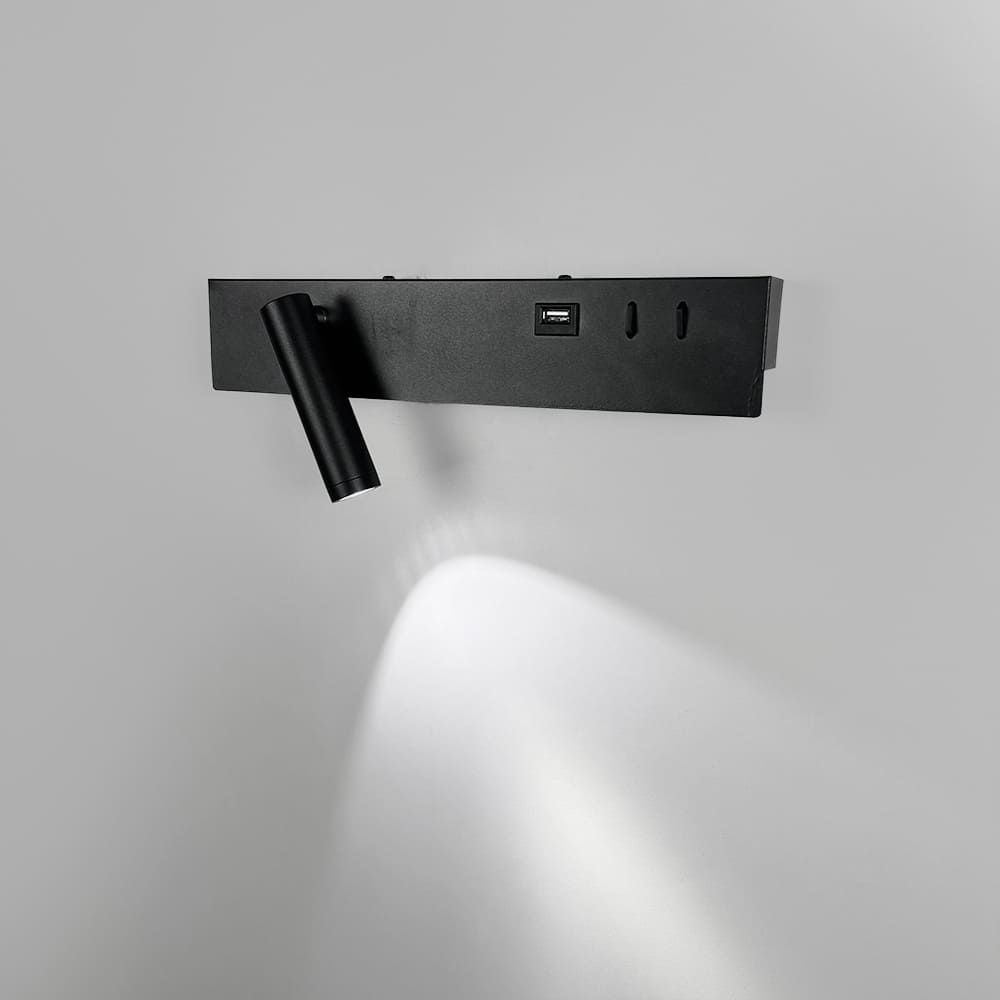 Чорне бра з поворотним спотом зліва + розʼєм USB WJ028/2R BK (правий) + USB-A