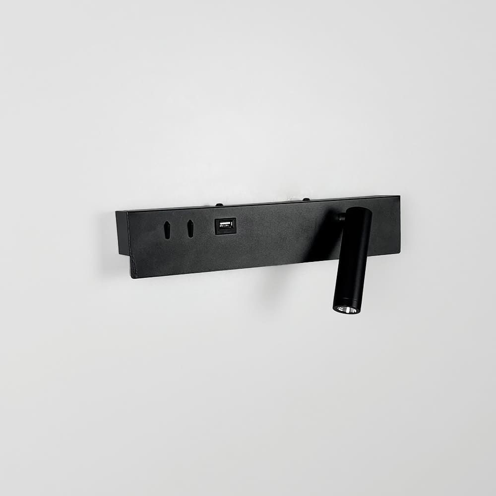 Чорне бра з поворотним спотом справа + розʼєм USB WJ028/2L BK (лівий) + USB-A