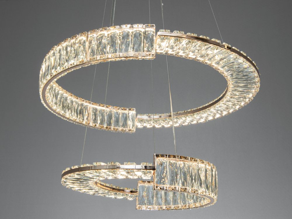 Підвісна кришталева золота LED люстра Ø 58 см 561/600+400G на 2 кільця