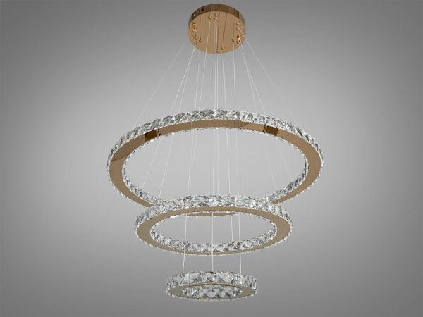 Світлодіодна кришталева люстра-підвіс на 3 колець 7201W/650+450+250G золото з пультом