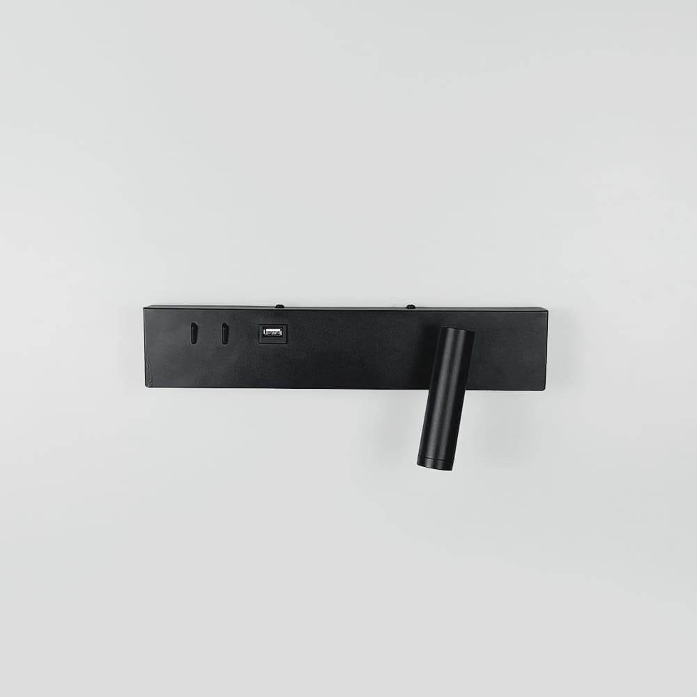 Чорне бра з поворотним спотом справа + розʼєм USB WJ028/2L BK (лівий) + USB-A