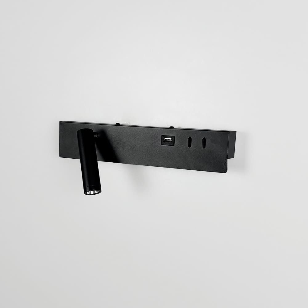 Чорне бра з поворотним спотом зліва + розʼєм USB WJ028/2R BK (правий) + USB-A