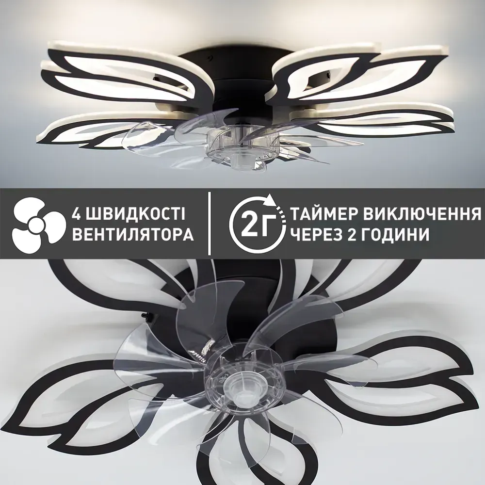 Люстра чорна світлодіодна з вентилятором Ø 62.5 см FAN ASTRA 52 W