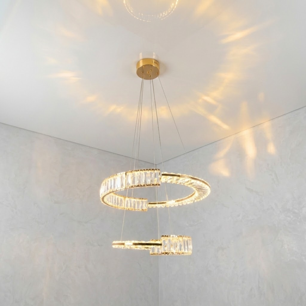 Підвісна кришталева золота LED люстра Ø 58 см 561/600+400G на 2 кільця