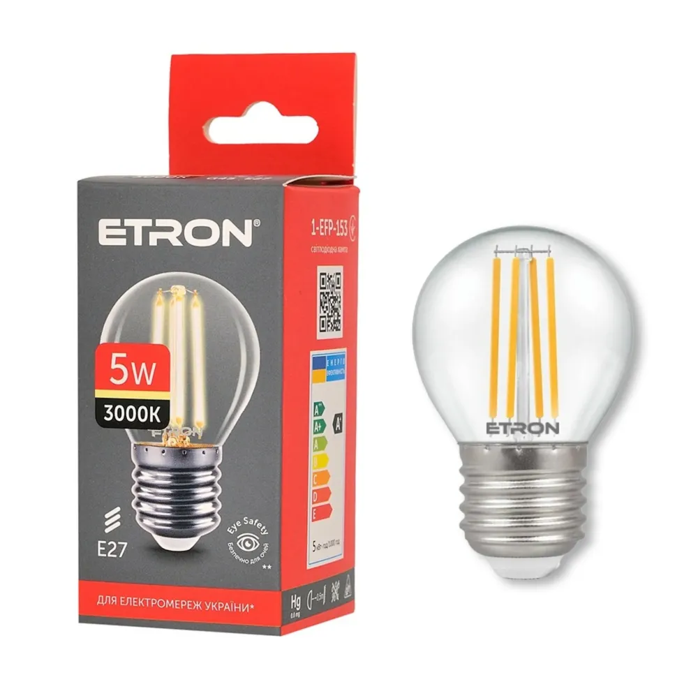LED лампа 5W G45 E27 3000K тепле світло, прозоре скло