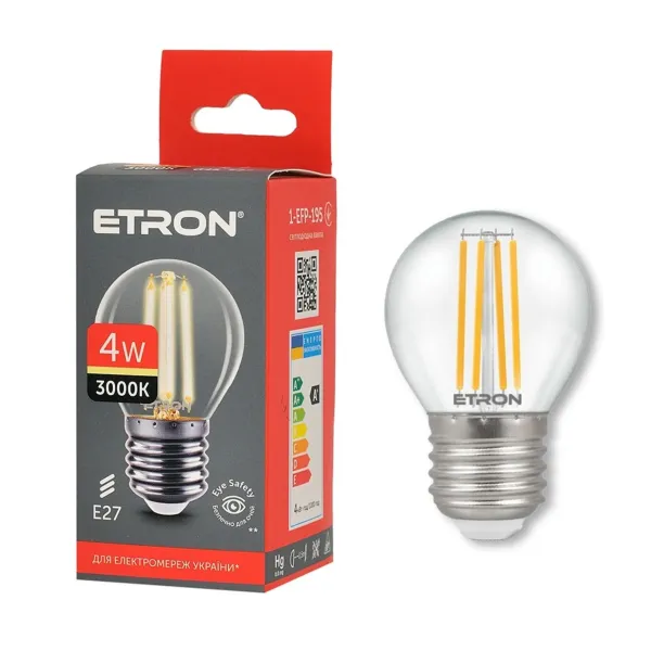 LED лампа 4W G45 E27 3000K тепле світло, прозоре скло