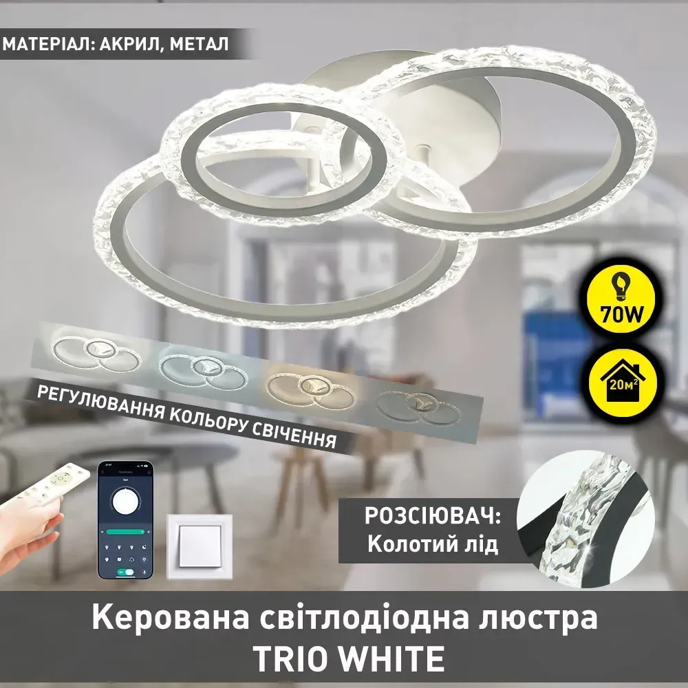 Люстра світлодіодна з пультом та мобільним додатком TRIO 70W 3R SMART біла